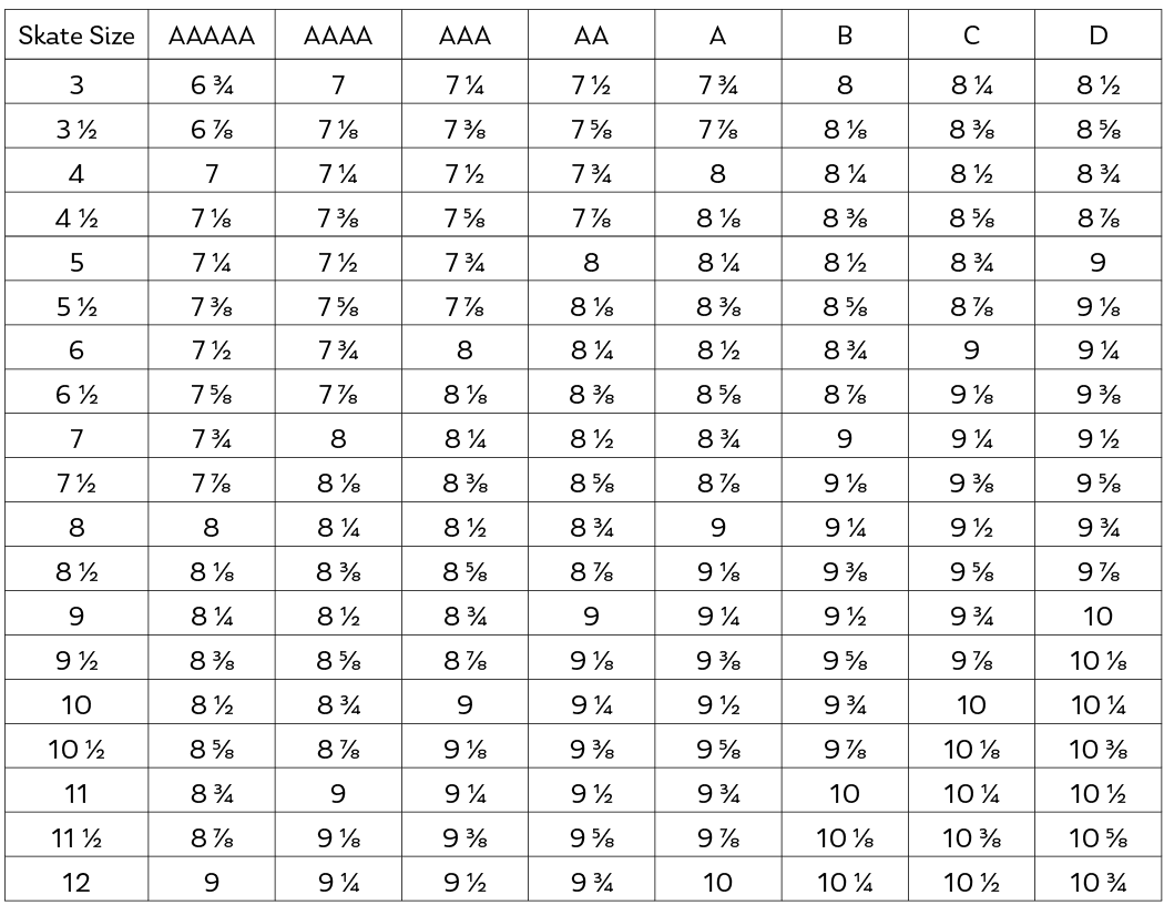 Youth Ice Skate Size Chart